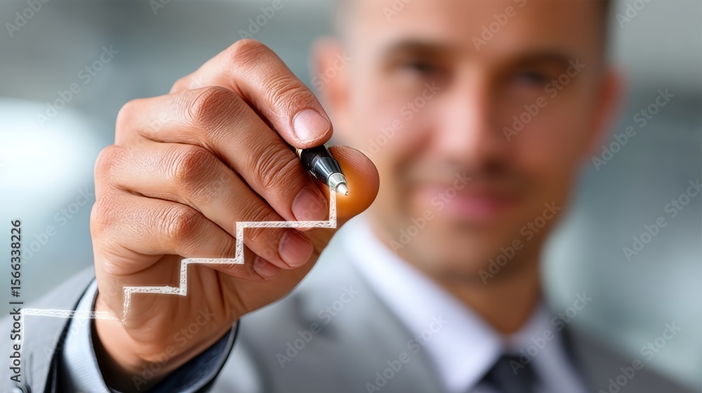 Aufkleber man is drawing a line on a white background with a pen. the line is going up, and the man is smiling