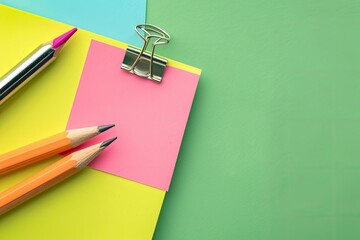 Detailed Visual  of Closeup Pencil and Sticky Notes with Paper Clip