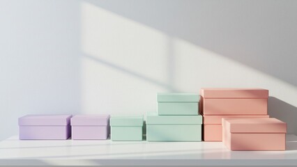 Minimalist pastel colored storage boxes on a white table