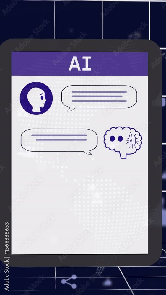 Poster animation of ai chat and data processing over tablet screen and grid