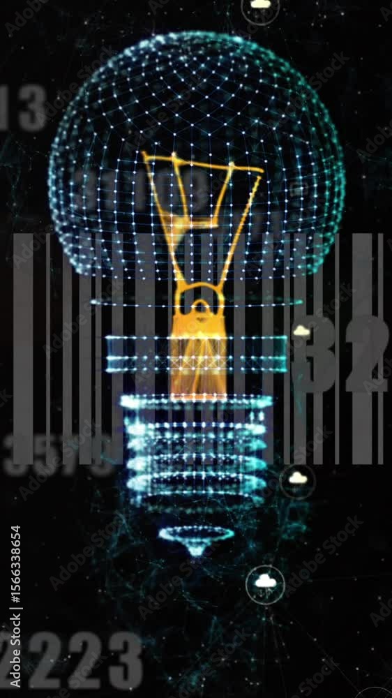 Poster animation of light bulb, bar code and data processing
