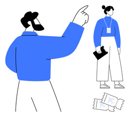 Two professionals in conversation, one gesturing while the other holds a clipboard. Tickets on the ground. Ideal for teamwork, communication, organization, planning, events, conference simple flat