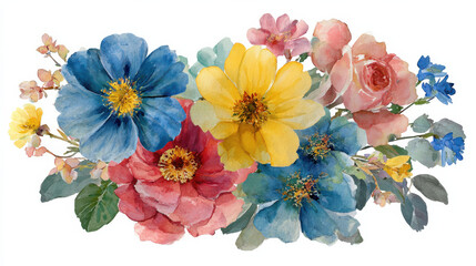 Beautiful watercolor floral arrangement featuring vibrant blue, yellow, pink, and red flowers, creating cheerful and artistic display