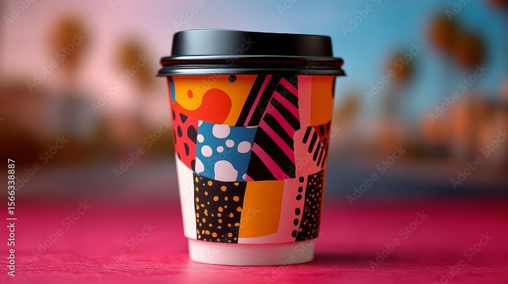Aufkleber coffee cup with a colorful design sits on a table. the design is made up of various shapes and color