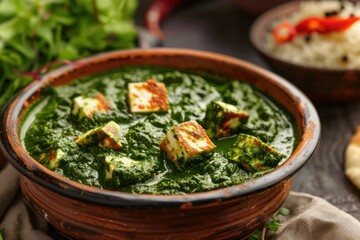 High Definition Visual of Emanating Culinary Authenticity, a Bowl of Homemade Saag Paneer