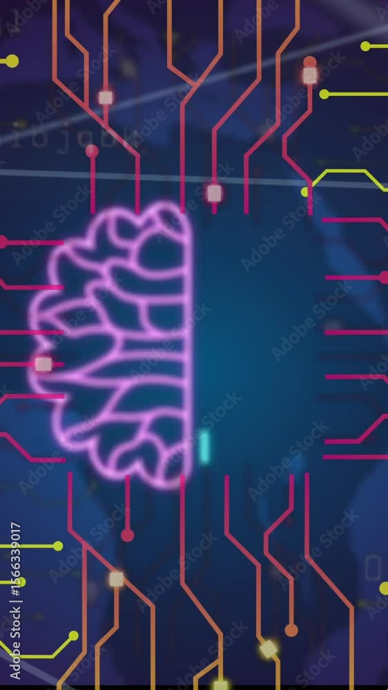 Poster animation of ai chat and data processing over circuit board background