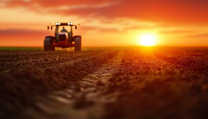 Fototapeta premium A tractor works a plowed field at sunrise, with tire tracks leading toward the glowing horizon.