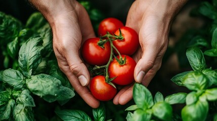 Close-up of hands holding a cluster of ripe red tomatoes freshly picked from a garden