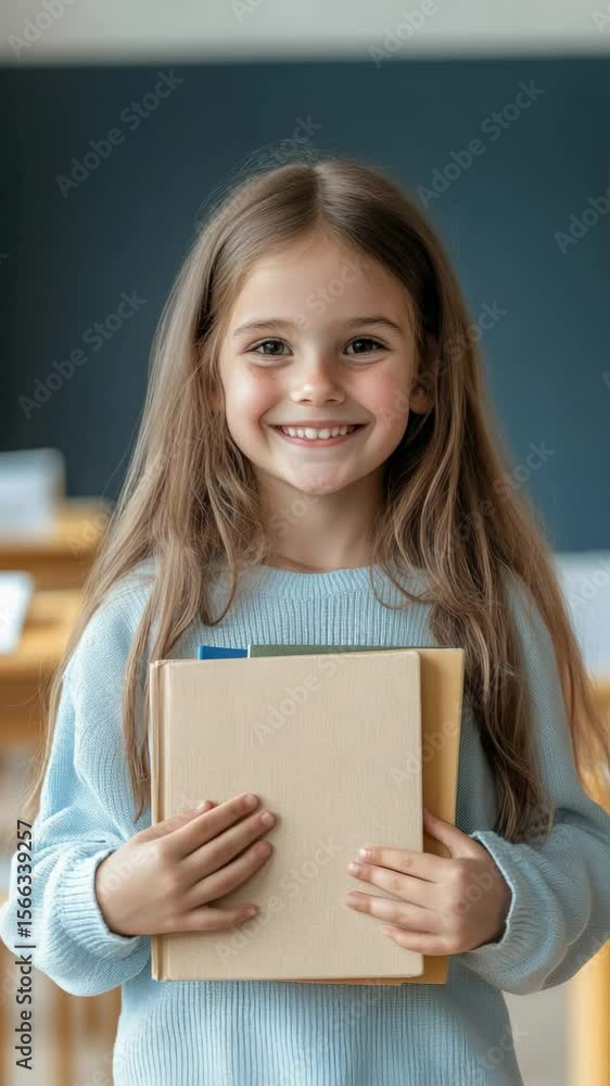 Poster cheerful elementary school student holding books, standing in a vibrant classroom, smiling brightly 