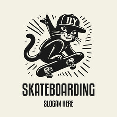 Fototapeta premium Black and white flat vector of a cartoon cat skateboarder in a cap doing a trick. Fun, urban-style animal character for playful or sports-related design projects.