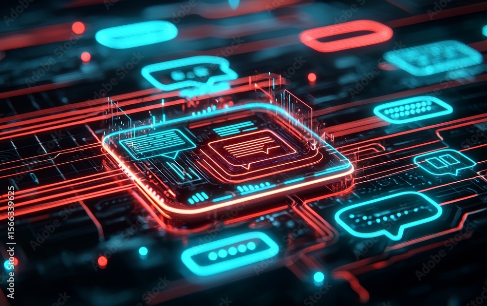 Poster a futuristic digital interface displays glowing chat bubbles and circuits, symbolizing ai communicat