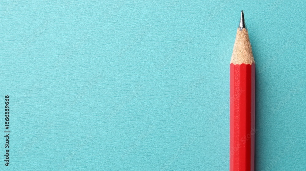 Poster a sharpened red pencil is positioned vertically on a blue textured background, creating a vibrant an