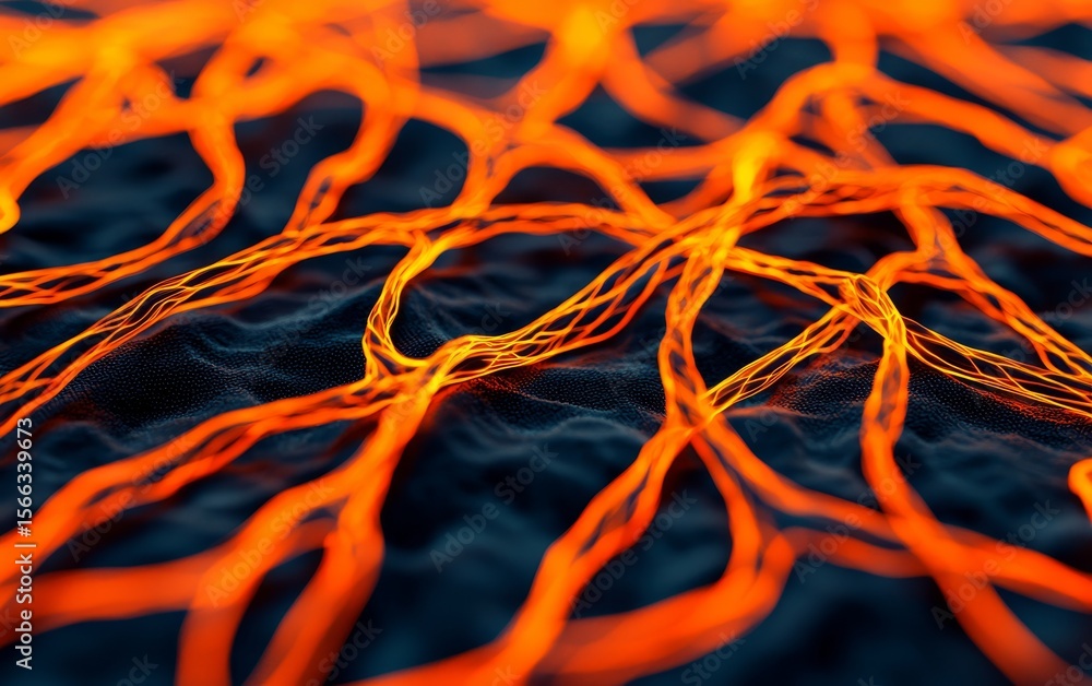Poster close-up abstract image of glowing orange neural-like strands against a dark background, resembling 