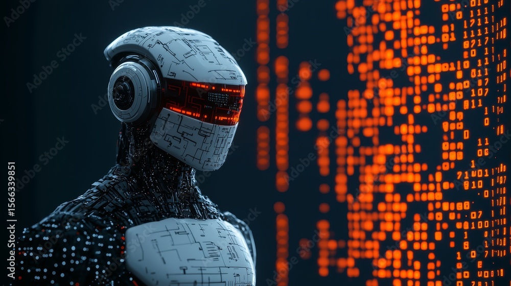 Poster a futuristic humanoid robot with digital circuit patterns on its body stands against a backdrop of g