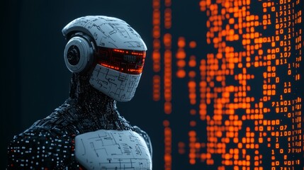 A futuristic humanoid robot with digital circuit patterns on its body stands against a backdrop of glowing orange binary code.