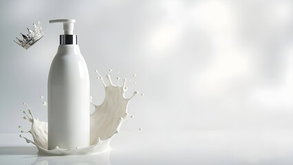 eaturing milk cosmetics. This skin care product includes a body lotion in a white bottle with a silver dispenser, accompanied by a splash of milk and a crown, all set against a gray backdrop.