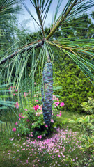A Beautiful Pine Cone Hanging from a Branch Surrounded by Vibrant Greenery and Colorful Flowers in a Soft Focus Landscape