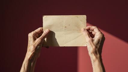 Old wrinkled hands holding old letter paper on bright background with sharp natural light effect