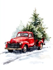 Classic red pickup truck carrying a freshly cut fir tree on snowy country road