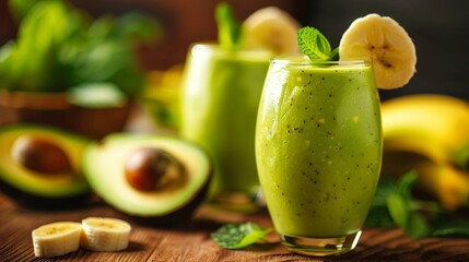 Two green smoothies garnished with banana slices and mint, surrounded by fresh avocado and banana pieces on a wooden surface.