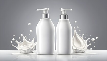 background showcasing milk cosmetics. The skin care item is a body lotion housed in a white bottle with a silver pump, with a milk splash and a crown isolated on a gray surface.
