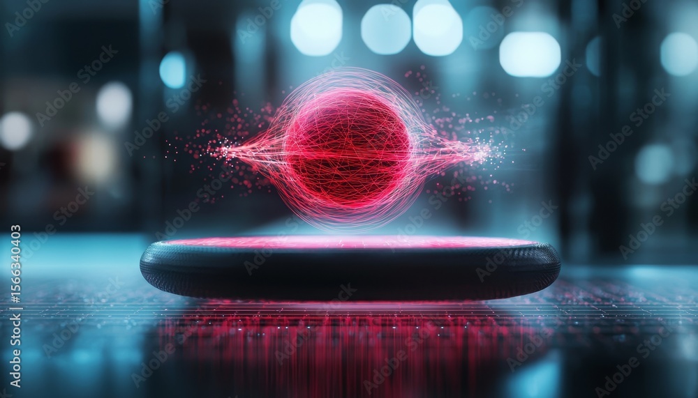 Poster a glowing red orb with dynamic particle effects levitates above a circular platform in a futuristic,