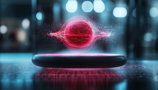 A glowing red orb with dynamic particle effects levitates above a circular platform in a futuristic, high-tech environment. - Powered by Adobe
