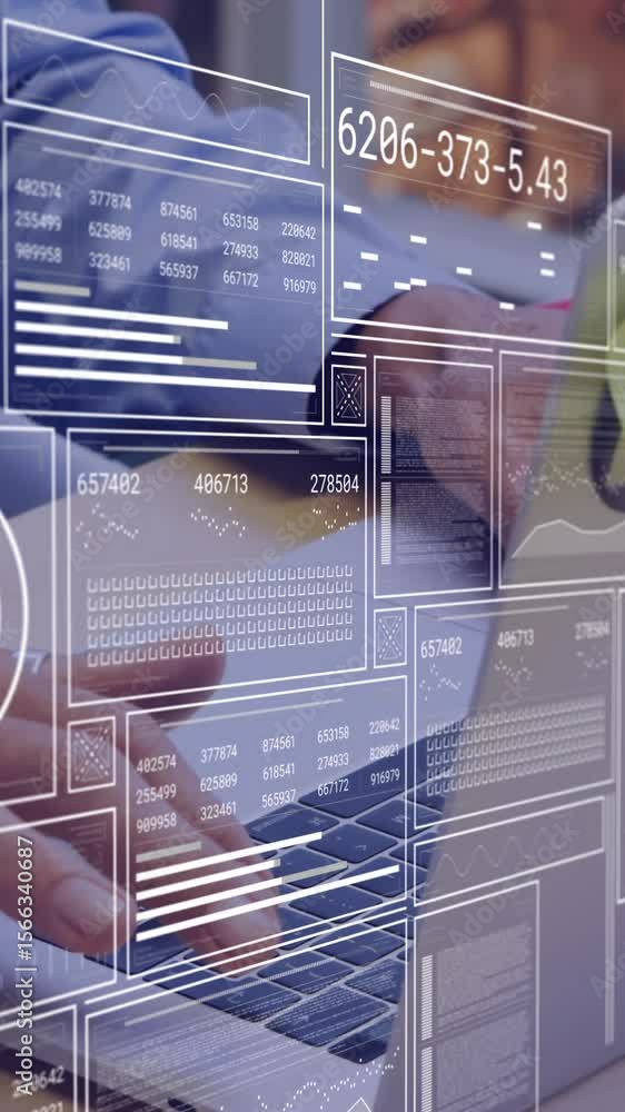 Poster animation of data processing over caucasian businessman using laptop