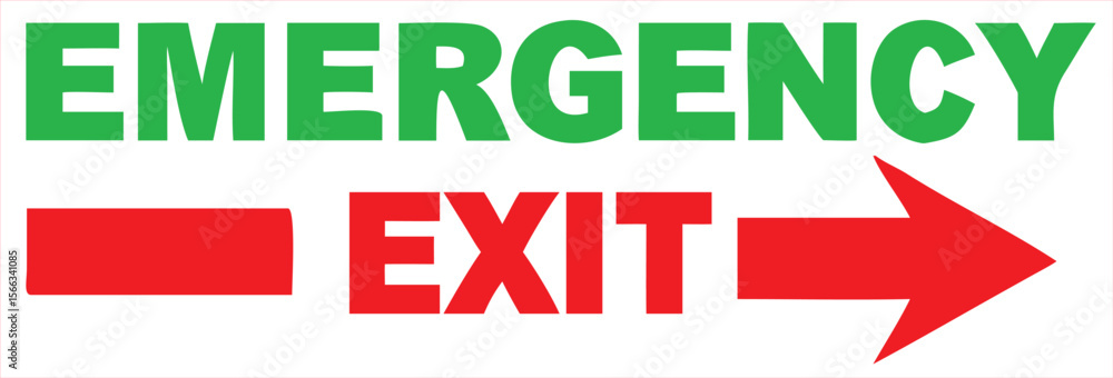 Poster bright green text emergency above a red horizontal bar and the word exit with a large red arrow poin