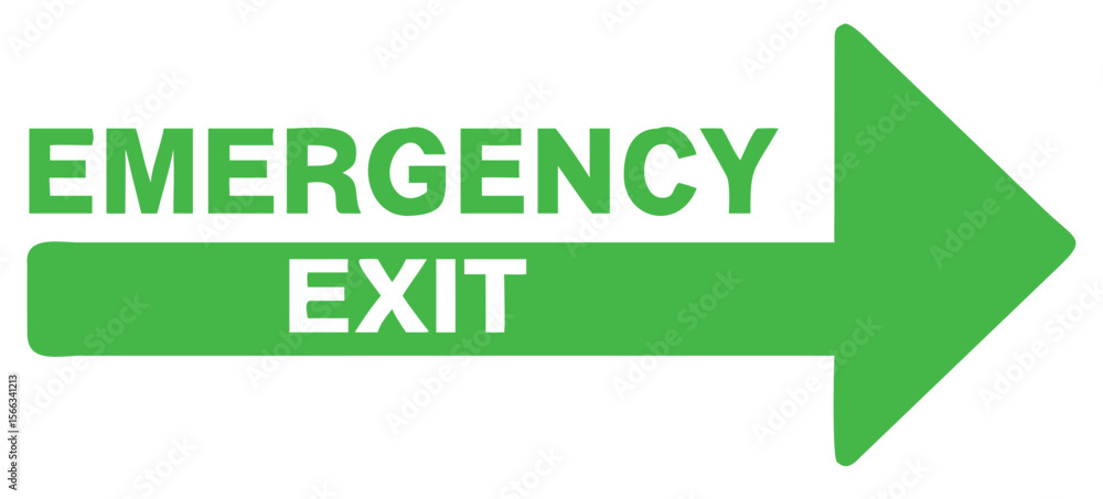Poster a green emergency with white exit text and a green sign directional arrow pointing to the right isol