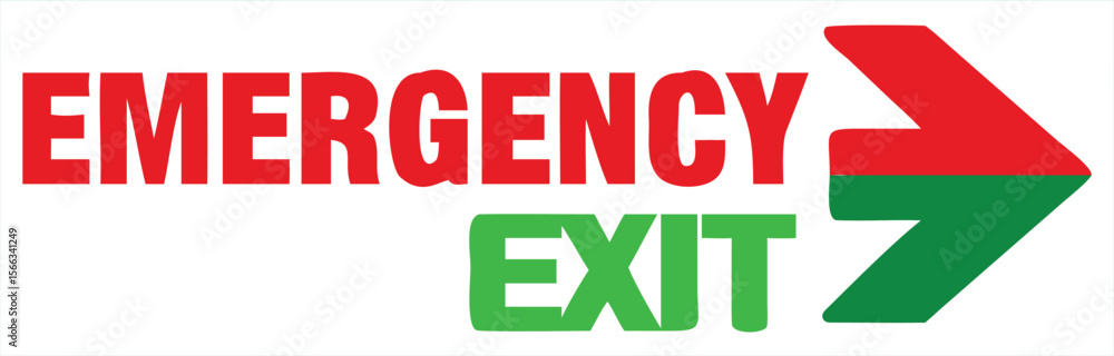 Poster clear and bold red text emergency and green text exit with a directional arrow pointing right indica