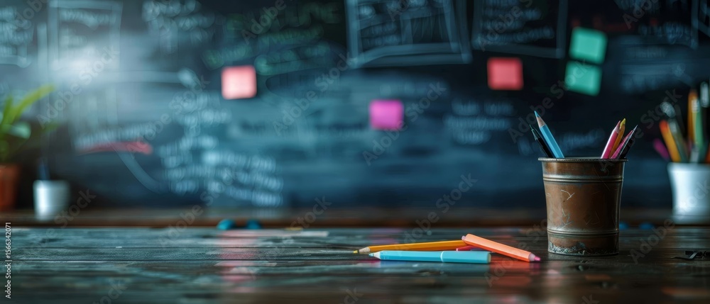 Poster a classroom desk with colored pencils in a cup and scattered on the surface, set against a blurred c