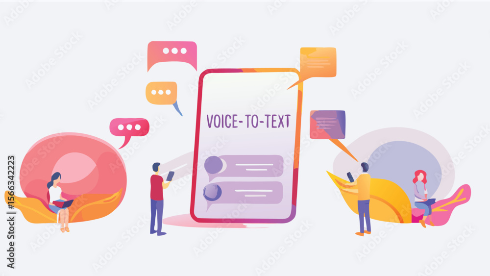 Poster illustration of people using voice to text application on a mobile phone with speech bubbles