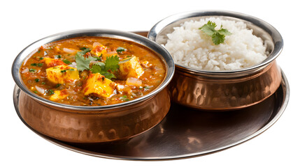 Traditional Thali Food Kadai Paneer Served With Dal Makhani isolated on a white background