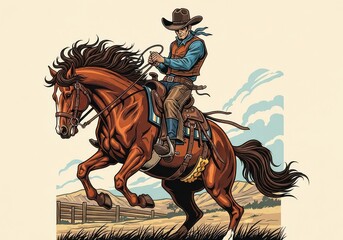 A cowboy rides a chestnut horse with a lasso through a prairie with a fence and blue clouds, ideal for illustrating Western themes.