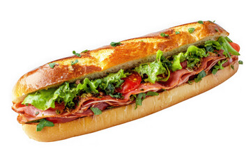 Delicious ham and lettuce submarine sandwich isolated on transparent background