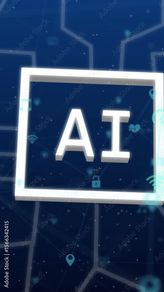 Poster animation of ai data processing with icons and network of connections
