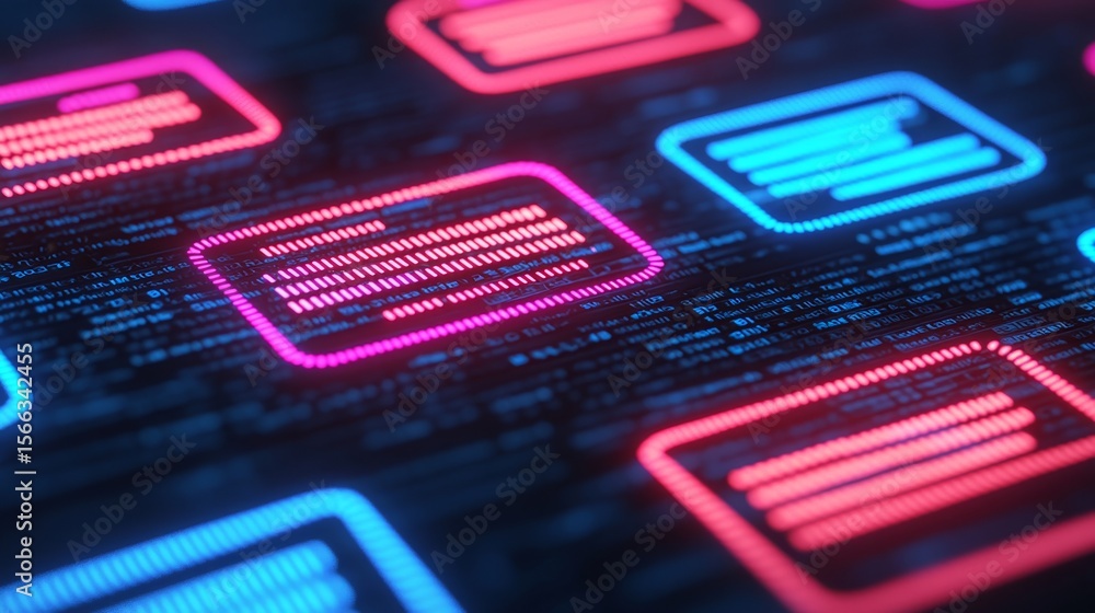 Poster neon-lit digital data blocks glowing in pink and blue, representing blockchain technology on a dark 