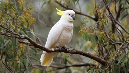 Beautiful yellow-crowned cockatoo perched on tree branch in natural outdoor environment with lush greenery and detailed feathers