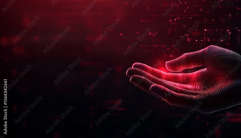 Poster a digital holographic hand formed by glowing dots and lines reaches out against a dark, red-toned ba