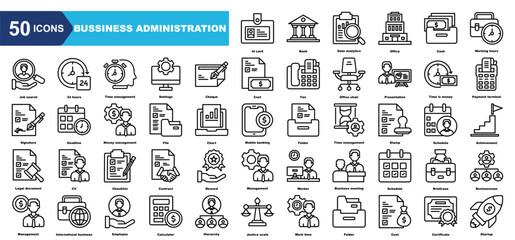 business administration icon collection set.Id card,Bank,Data analytics,Office,Cash,Working hours,Job search.Simple line vector.