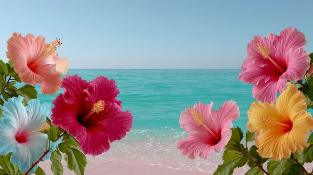 Vibrant hibiscus flowers in shades of pink, red, yellow, and blue, framed against a serene turquoise ocean and sandy beach, creating a tropical paradise atmosphere with natural beauty