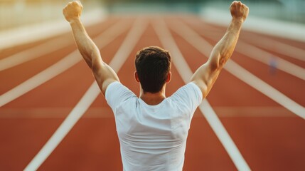 A man raises his arms in victory on a running track, celebrating a race win or personal achievement.
