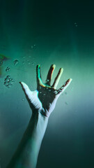 A Captivating Underwater Scene Featuring an Outstretched Hand Reaching Towards the Surface,...