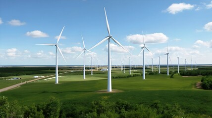Panoramic New View of Majestic Wind Turbines Standing Tall on Lush Green Ground, Symbolizing Renewable Energy and Environmental Progress.
