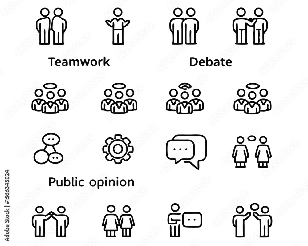 Poster visual representation of a group of people engaged in a collaborative discussion featuring speech bu