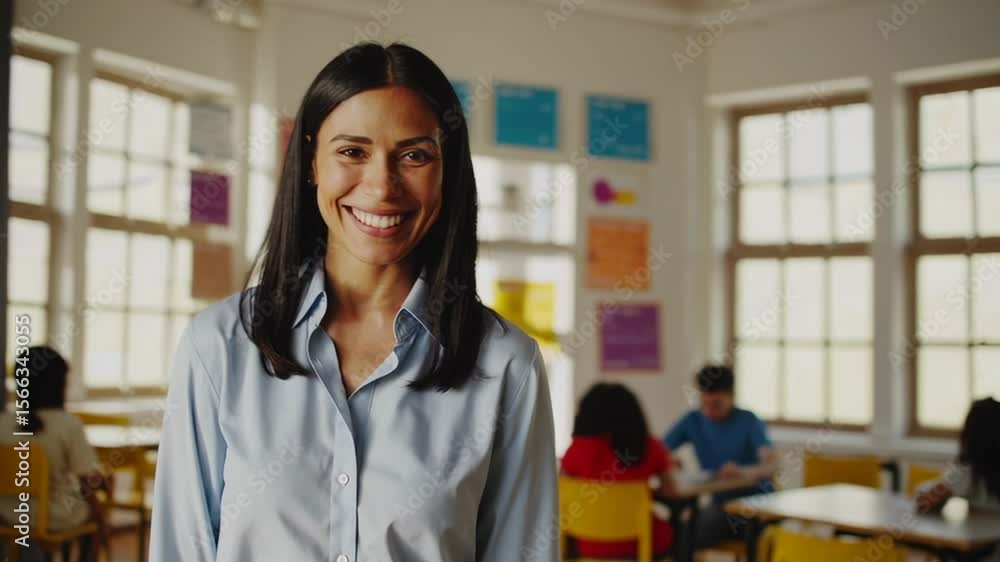 Poster dedicated female instructor standing confidently in classroom with students working diligently, repr