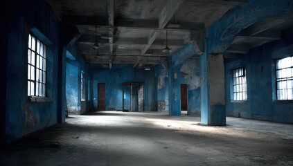 Interior of deserted building with worn walls. Architectural decay concept