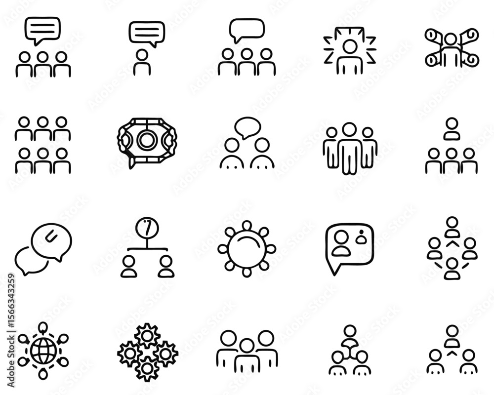 Poster abstract representation of a collaborative group discussion with stylized figures communicating idea