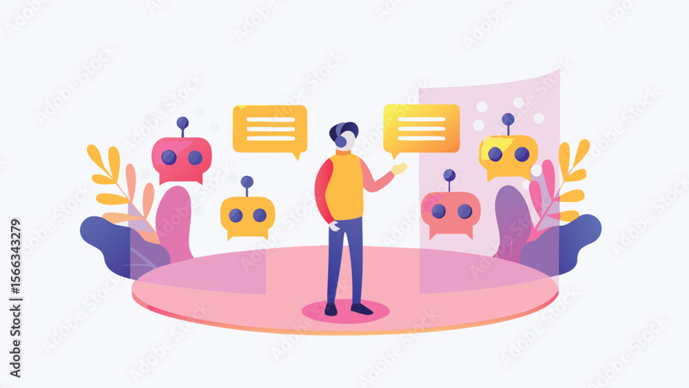Poster Illustration of a person standing on a platform surrounded by robots and speech bubbles in a stylized scene